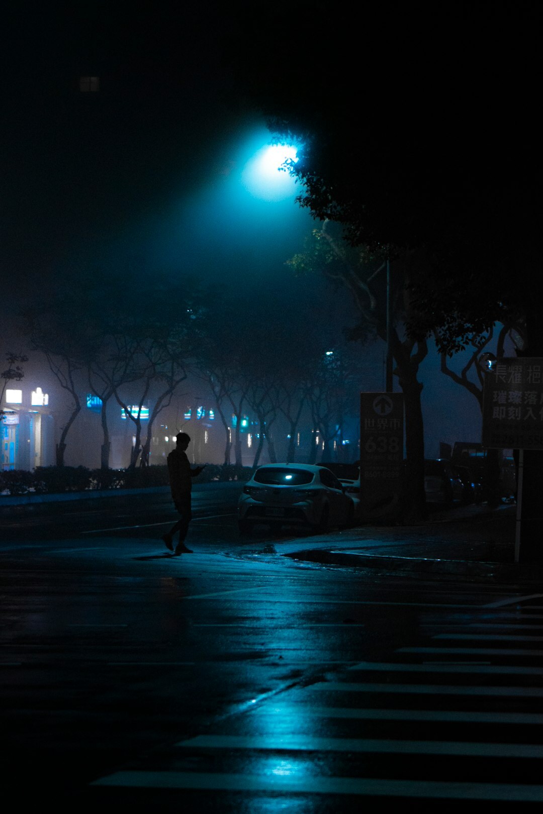 person walking in city at night