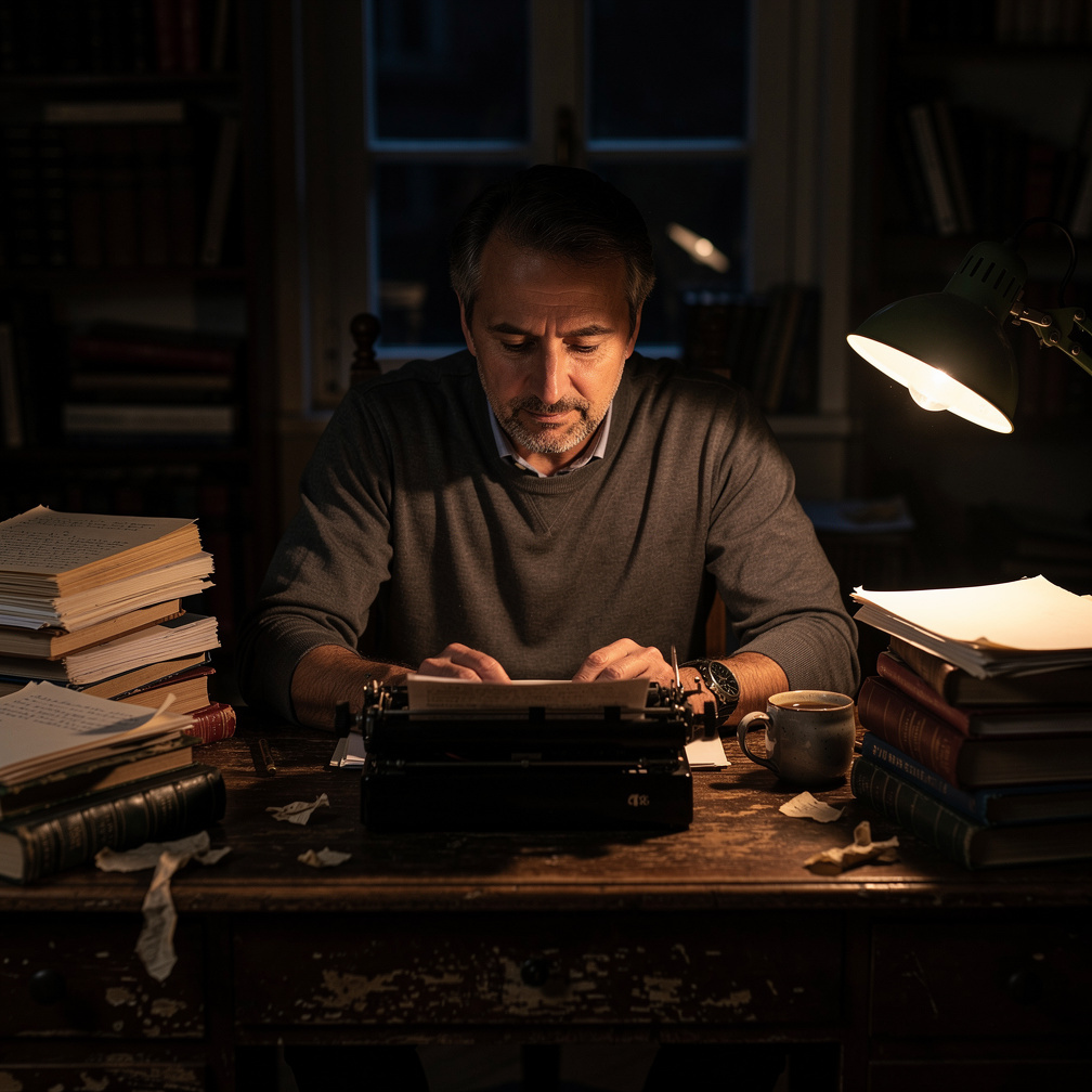 Man writing by typewriter light at night