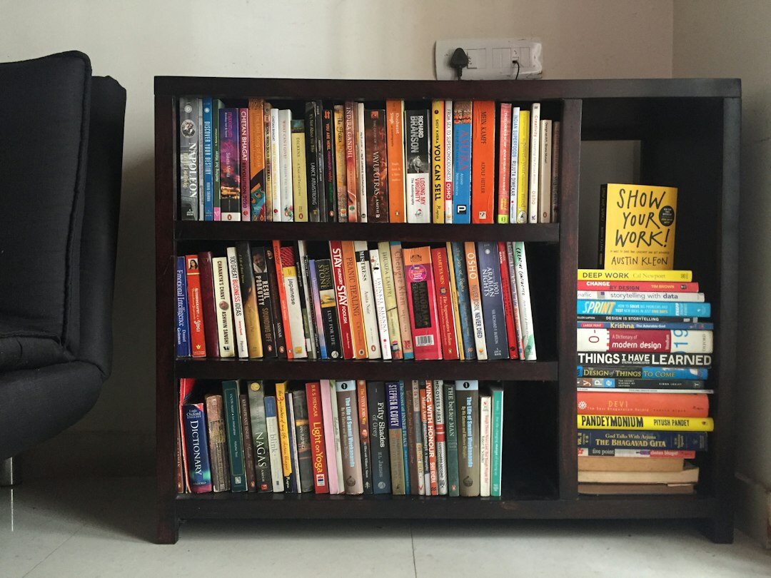 bookshelf with mystery novels
