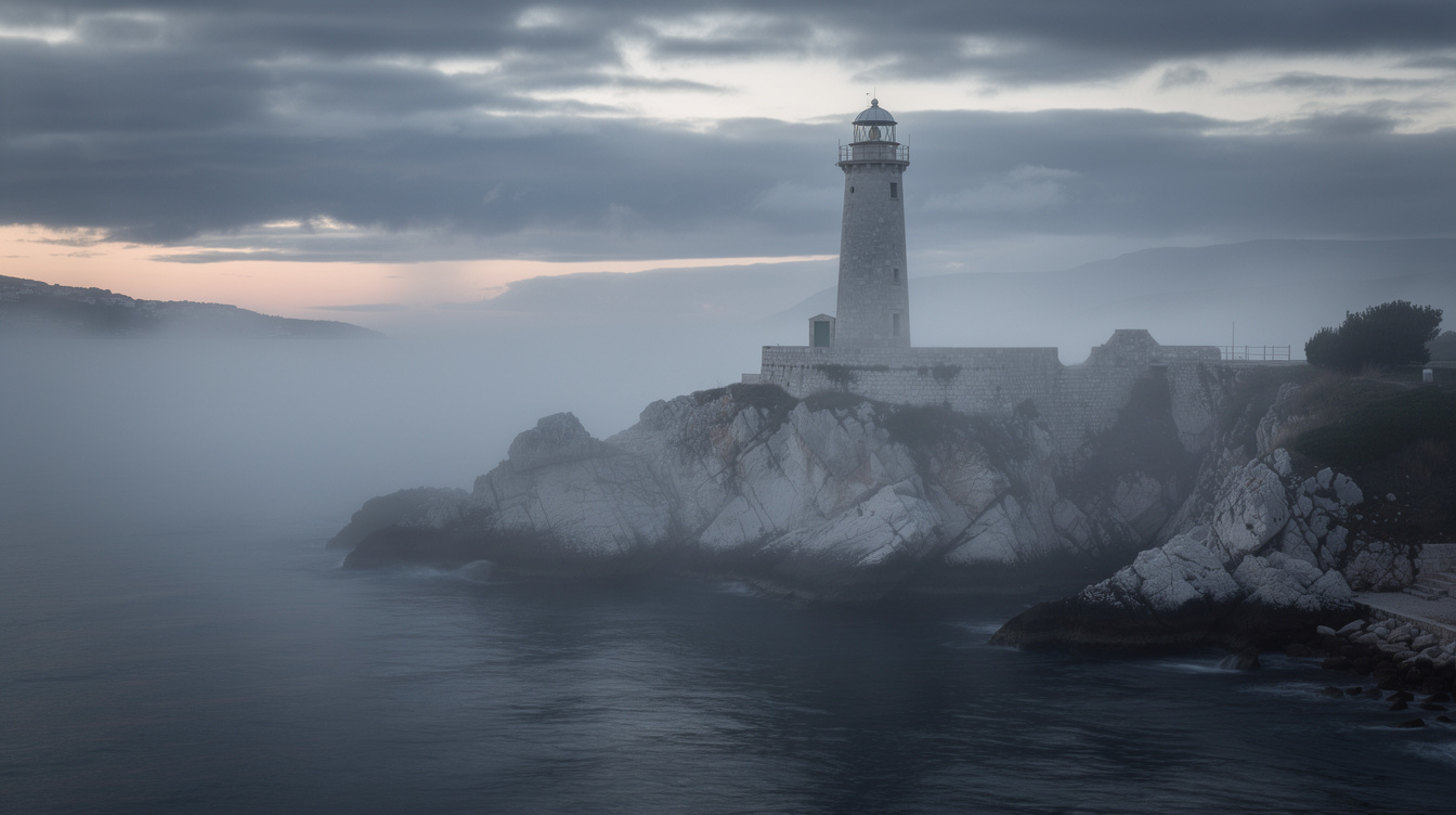 Foggy Adriatic coastline at dawn with an old stone lighthouse