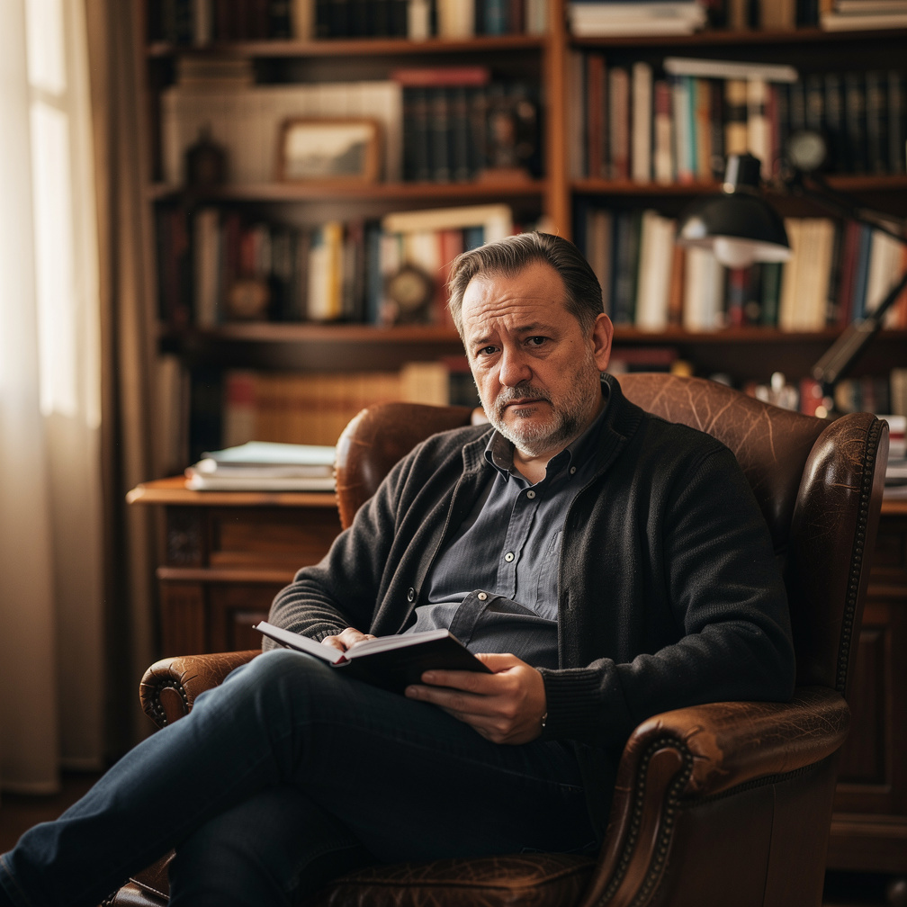 Croatian novelist sitting in a study surrounded by bookshelves