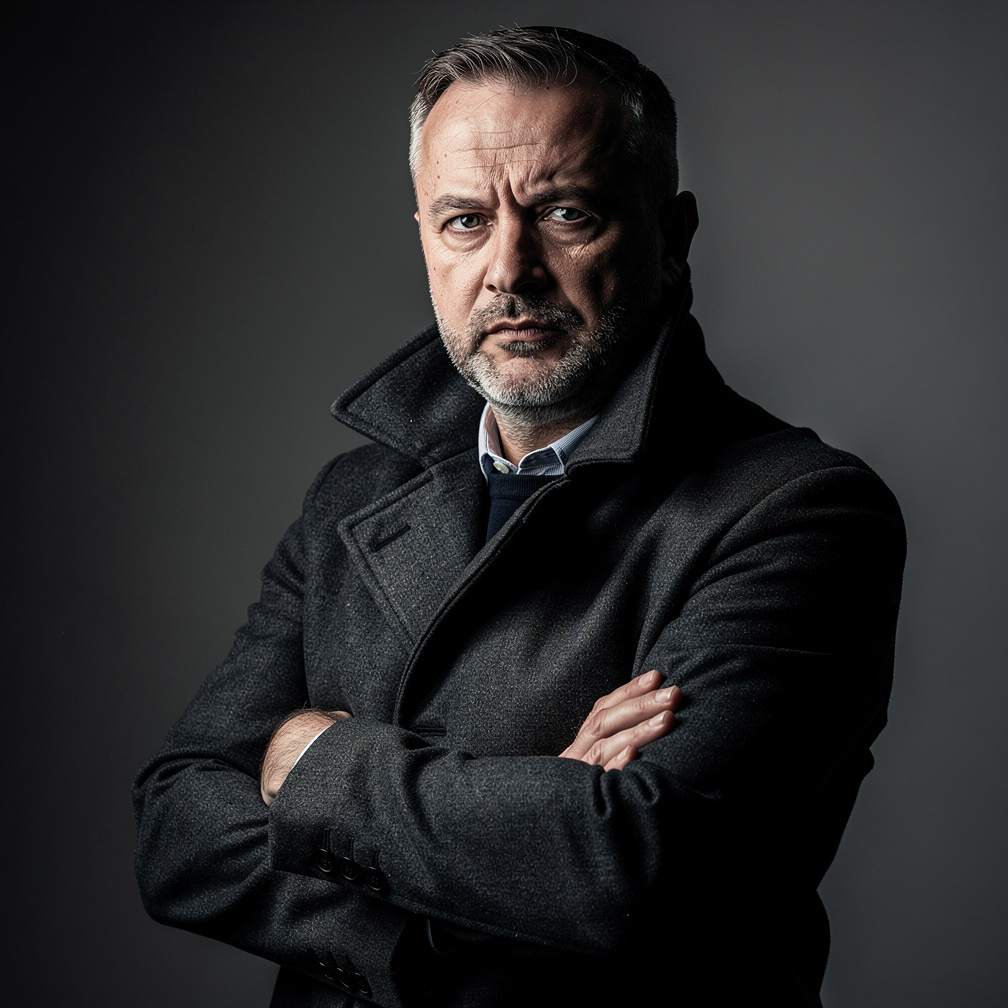 Portrait of a Croatian male mystery novelist in a dark coat standing in dim light